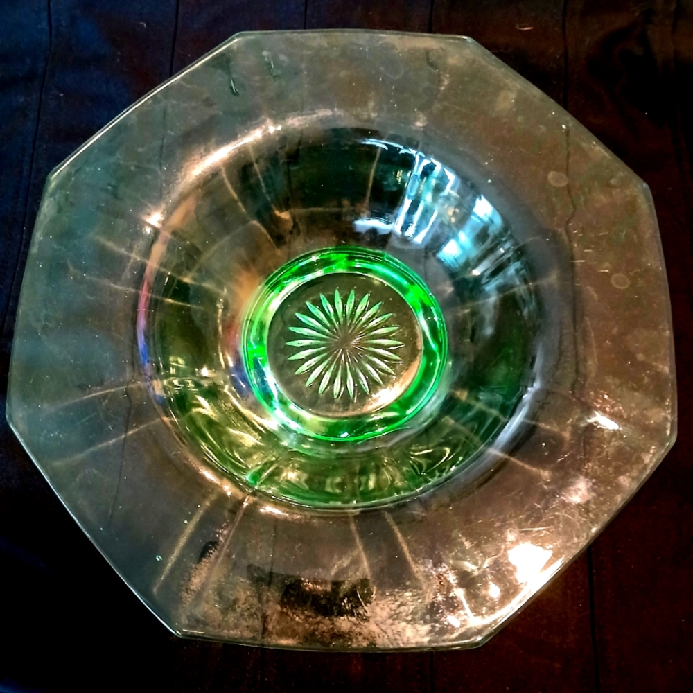 Uranium Vaseline Green Glass Footed Centerpiece Bowl